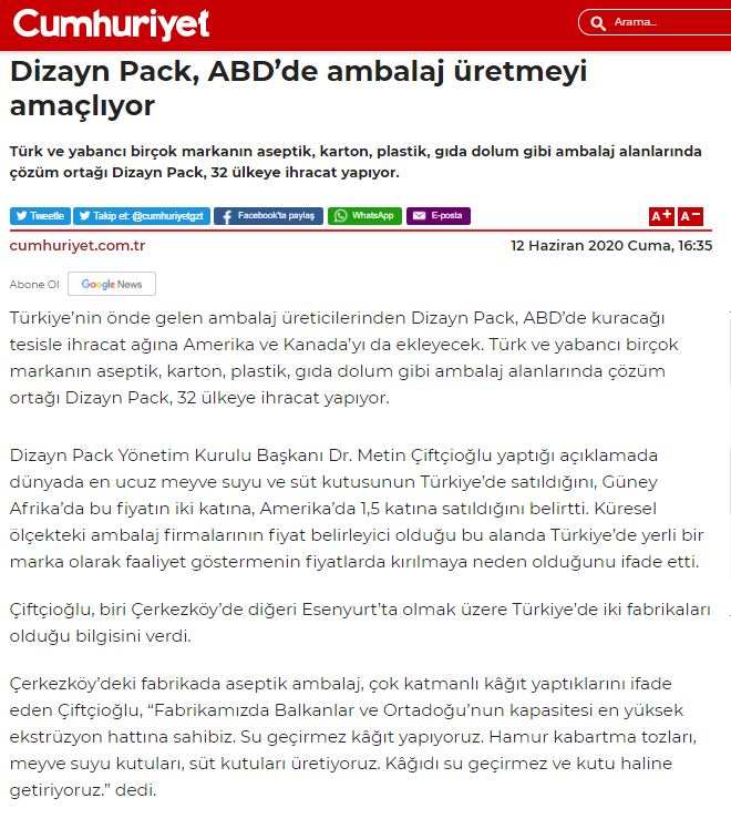 Dizayn Pack, ABD’de ambalaj üretmeyi amaçlıyor - Cumhuriyet